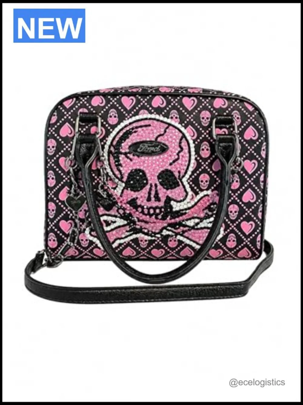 Skull Heart Rhinestone Satchel Crossbody Handbag with Chain Strap